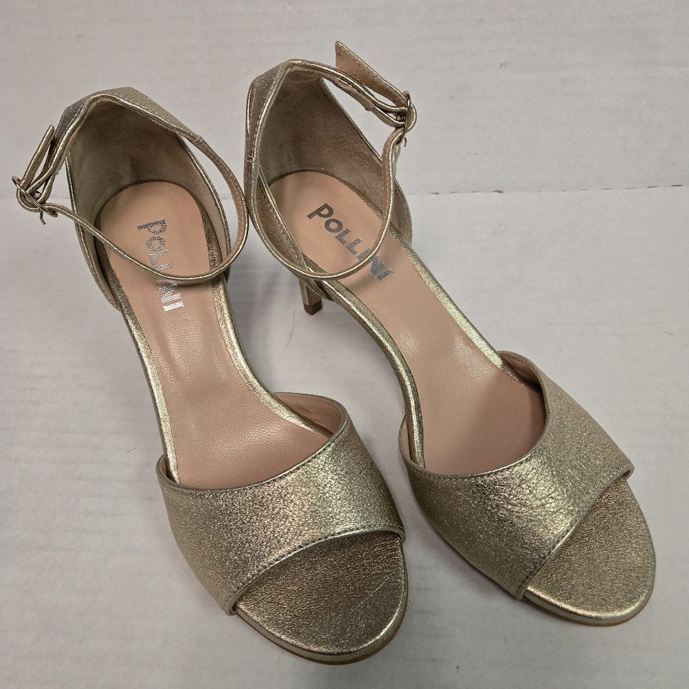 Pollini gold ankle strap woman's heels size 36 sandal open toe dance shoe NWOT